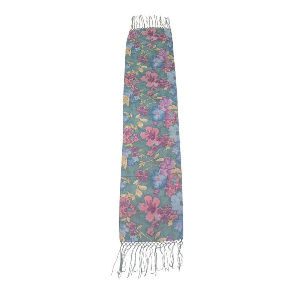 Vintage Sheer Teal Floral Rectangular Scarf with Fringe